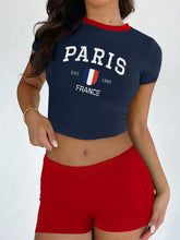 Women's Summer Slim Fit 2pcs Letter Print Short Sleeve Crop Top And Shorts Set